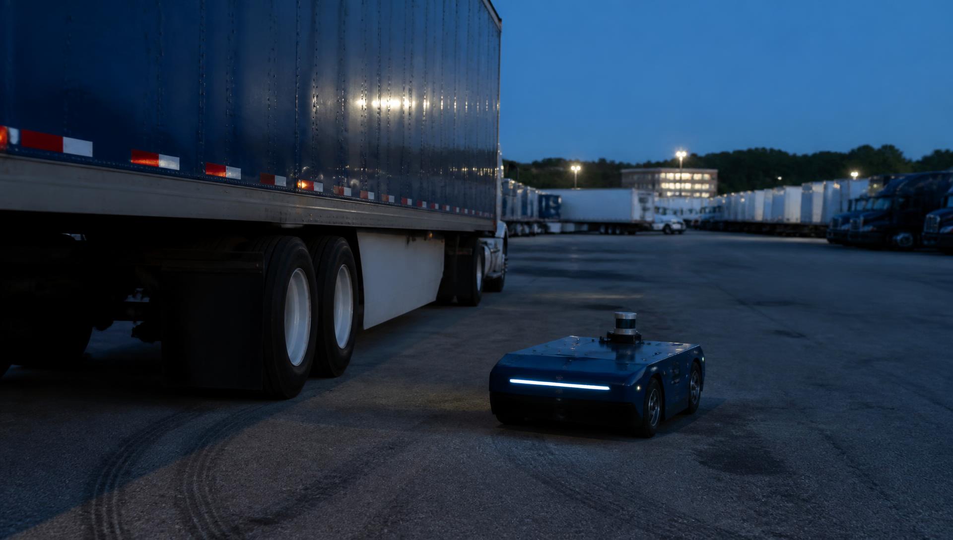 A compact low-profile autonomous inspection unit moving at low speed beside rows of parked trailers in a private commercial fleet yard at dusk